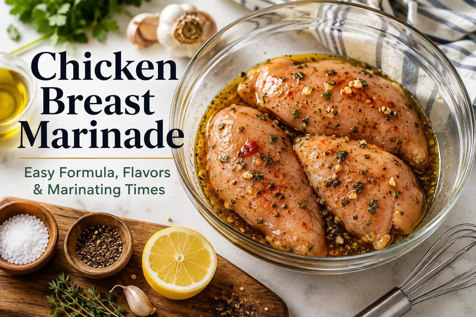 Raw chicken breasts in a glass bowl coated with olive oil, garlic, herbs, spices, and lemon marinade