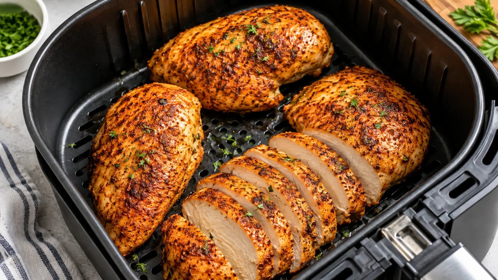Juicy air fryer chicken breast with golden seasoning, sliced in the air fryer basket
