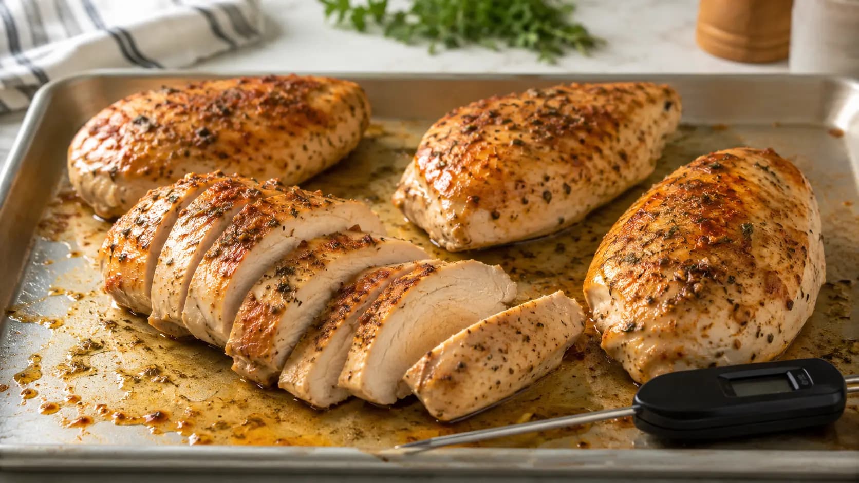 Juicy oven-baked chicken breasts with herbs and a meat thermometer nearby