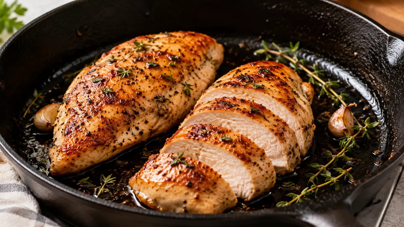 Juicy pan-seared chicken breast with a golden crust in a cast-iron skillet