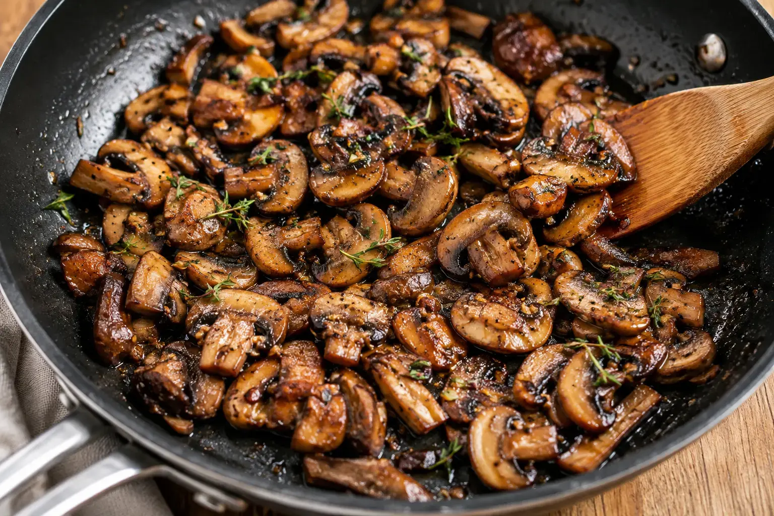 Golden-brown sautéed mushrooms in a skillet with herbs and a wooden spatula.