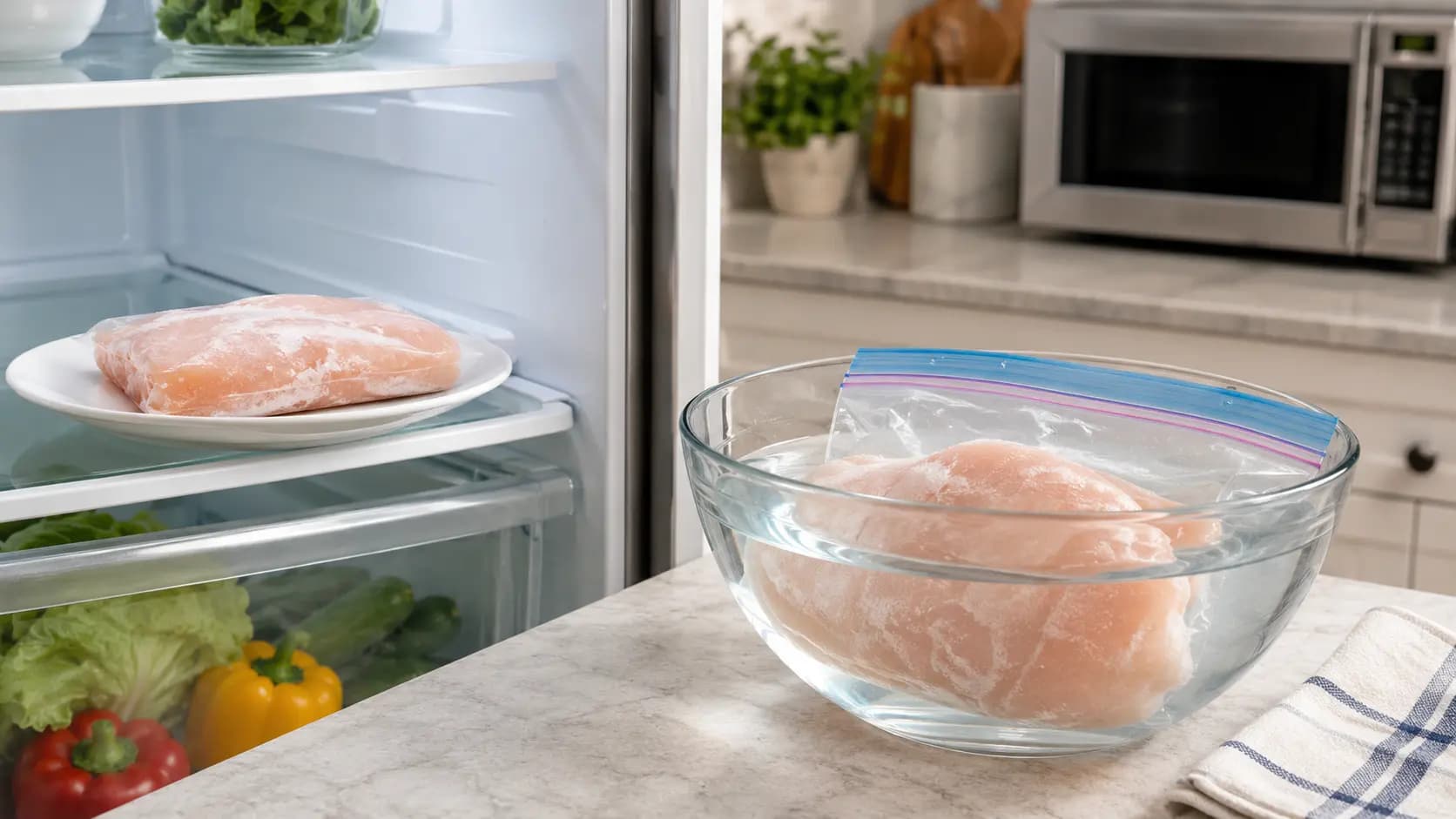 Frozen chicken breasts being thawed safely in the refrigerator and cold water