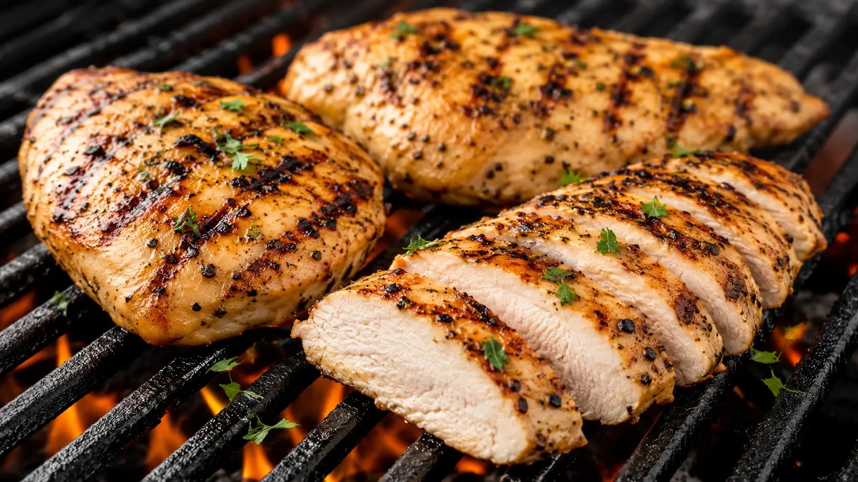 Juicy grilled chicken breast with golden grill marks on an outdoor grill