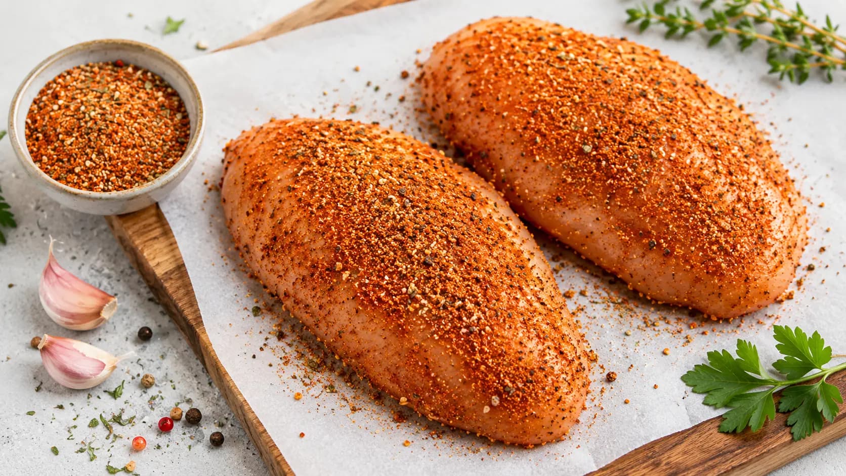 Seasoned chicken breasts coated with paprika, garlic, black pepper, and herbs beside a bowl of chicken seasoning blend