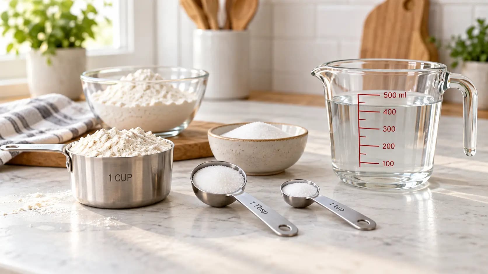 Kitchen measurement conversion chart showing cups, tablespoons, teaspoons, fluid ounces, and milliliters.